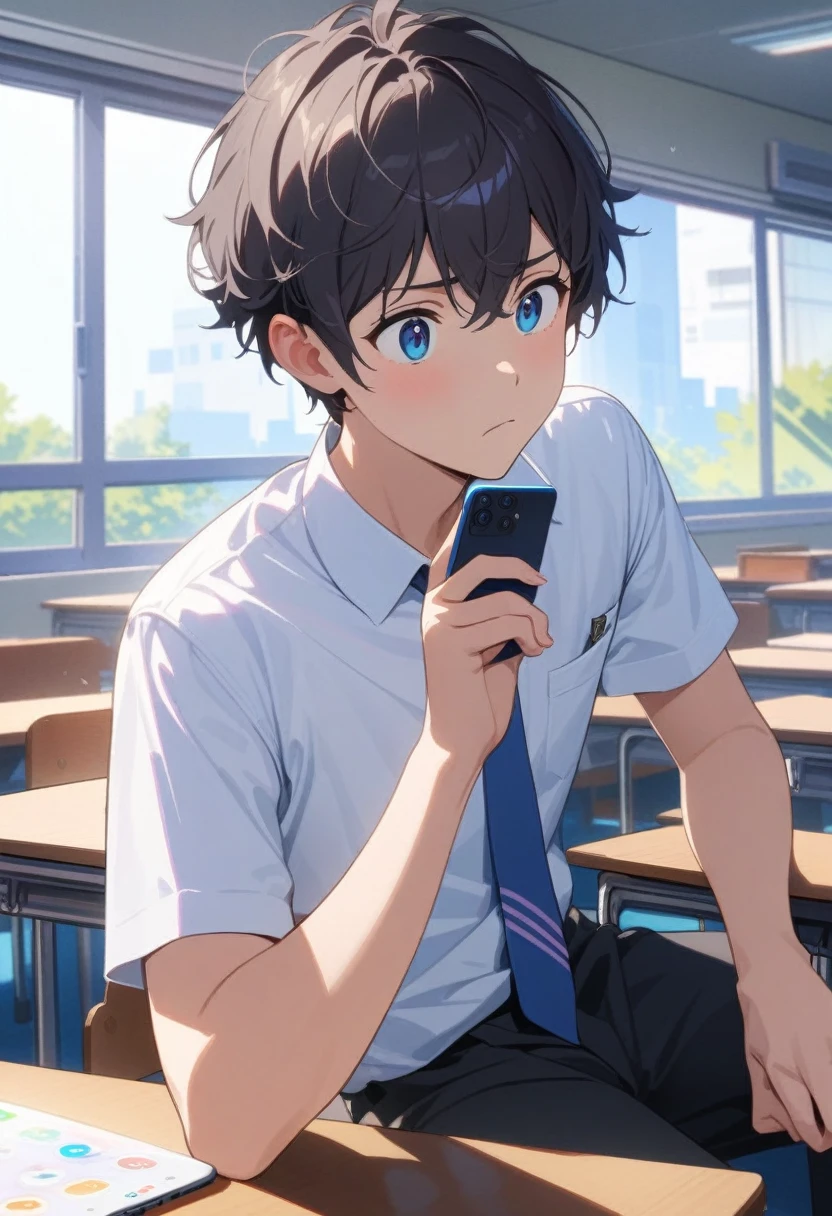 masterpiece, best quality, extremely detailed, ultra detailed, flat anime, 2D, ((1boy)),black hair, (short hair:1.5),blue eyes, height 1.7meters, (circle eyes:1.2), (young adult:1.2), Ear-length sideburns,height 1.7meters, bangs,(tareme), dircle face, kinky hair, (young adult:1.2), High School Uniforms, white shirt, blue tie, ((short sleeves)), ((long pants)), sitting, closed mouth, thinking, upper body, summer, classroom, 11AM,looking at his smart phone., Operating a smart phone,
