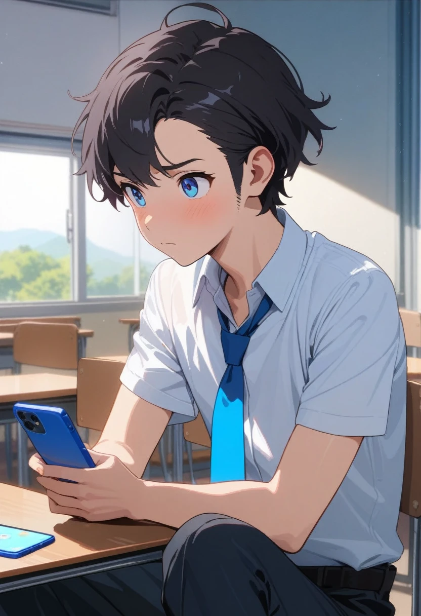 masterpiece, best quality, extremely detailed, ultra detailed, flat anime, 2D, ((1boy)),black hair, (short hair:1.5),blue eyes, height 1.7meters, (circle eyes:1.2), (young adult:1.2), Ear-length sideburns,height 1.7meters, bangs,(tareme), dircle face, kinky hair, (young adult:1.2), High School Uniforms, white shirt, blue tie, ((short sleeves)), ((long pants)), sitting, closed mouth, thinking, upper body, summer, classroom, 11AM,looking at his smart phone., Operating a smart phone,