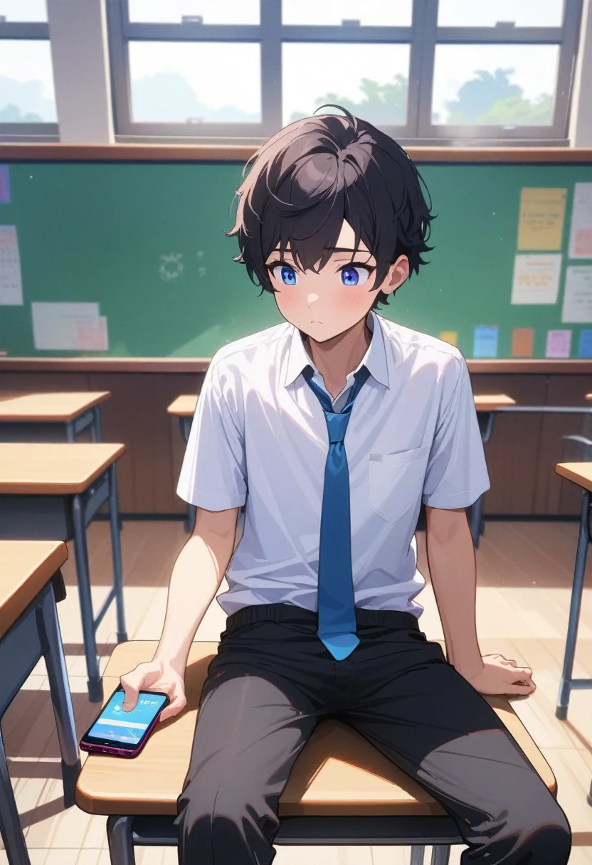 masterpiece, best quality, extremely detailed, ultra detailed, flat anime, 2D, ((1boy)),black hair, (short hair:1.5),blue eyes, height 1.7meters, (circle eyes:1.2), (young adult:1.2), Ear-length sideburns,height 1.7meters, bangs,(tareme), dircle face, kinky hair, (young adult:1.2), High School Uniforms, white shirt, blue tie, ((short sleeves)), ((long pants)), sitting, closed mouth, thinking, upper body, summer, classroom, 11AM,looking at his smart phone., Operating a smart phone,