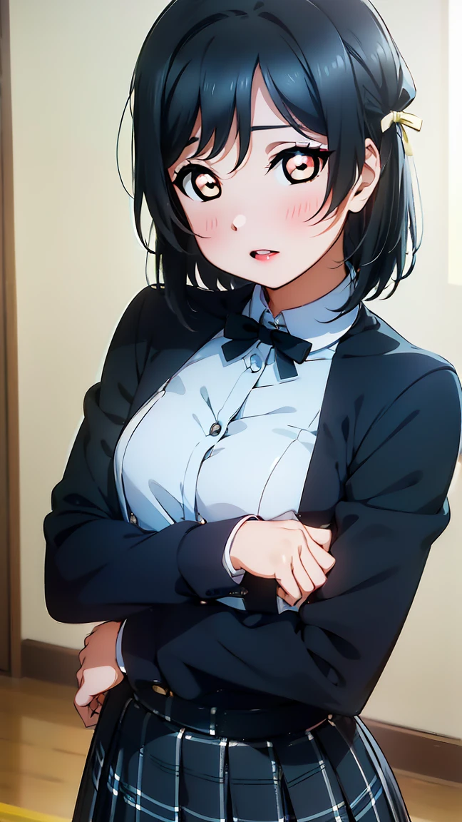 Mifune Shioriko, dark green hair color, short bob hairstyle, high quality, white panties visible through thigh gap, high quality, top down composition, high quality, (8K, raw, best quality, realistic 1.2)), ultra high quality, high resolution, best quality, perfect face, perfect limbs, perfect fingers, high resolution, ((detailed drawing of Nijigasaki High School idol club uniform 1.5)), ((black blazer 1.5)), ((white skirt with black plaid 1.5)), ((yellow ribbon 1.5)), adorable expression, miniature clothing), light smile, mouth closed, lips parted, pink lipstick, break, miniature human hand, ((school background detail 1.3)), perfect anatomy, perfect proportions, night, nice lighting, bright colors, clean lines, information, ((standing 1.4)),Blurred,Stunning expression,Restless emotion,Gorgeous,Pretty,Beautiful face and eyes in every detail,(Masterpiece)Beautiful face,Young handsome girl,Real perfect skin,Blurred,Stunning expression,Restless emotion,Gorgeous,Pretty,Beautiful face and eyes in every detail,(Audrey Hepburn),(),Blake,Fine and beautiful skin with cleavage,(Cute type),(J-pop idol),(Thighs,(Depth of field),(Depth of field),Soft light,Shimmering lens gaze,(Droopy eyes),Straight teeth,Bashful smile,Floating hair,A scene from Blake's movie,Cinematic full color,4K,8K,16K lace,Raw photo,Must-see movie,Professional color grade,Professional photographer,High school girl,Soft and clean focus,Realistic lighting and shadow,((Slender),(Abdomen 0.95),(Slim),(Beautiful girl),(Waist detail 1.15), (beautiful girl), (details), open lips, red lips