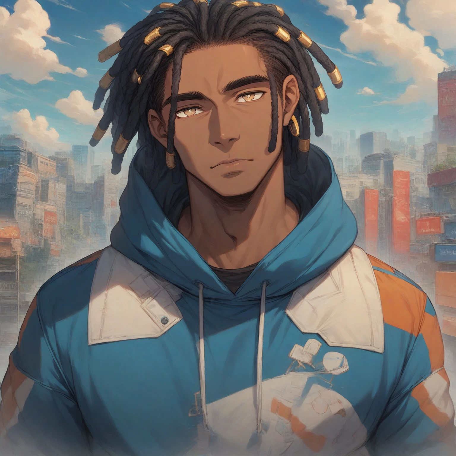 (masterpiece:1.2), (best quality), (ultra detailed), (8k, 4k, intricate),(half-body-shot:1), (highly detailed:1.2),(detailed background:1.2),((dark skin, handsome face,lips)) An close up of a person with dreadlocks in a city, white puff hoodie, blue shirt, tan pupils, male anime style, in an anime style, anime handsome man, modern city background, natural sky