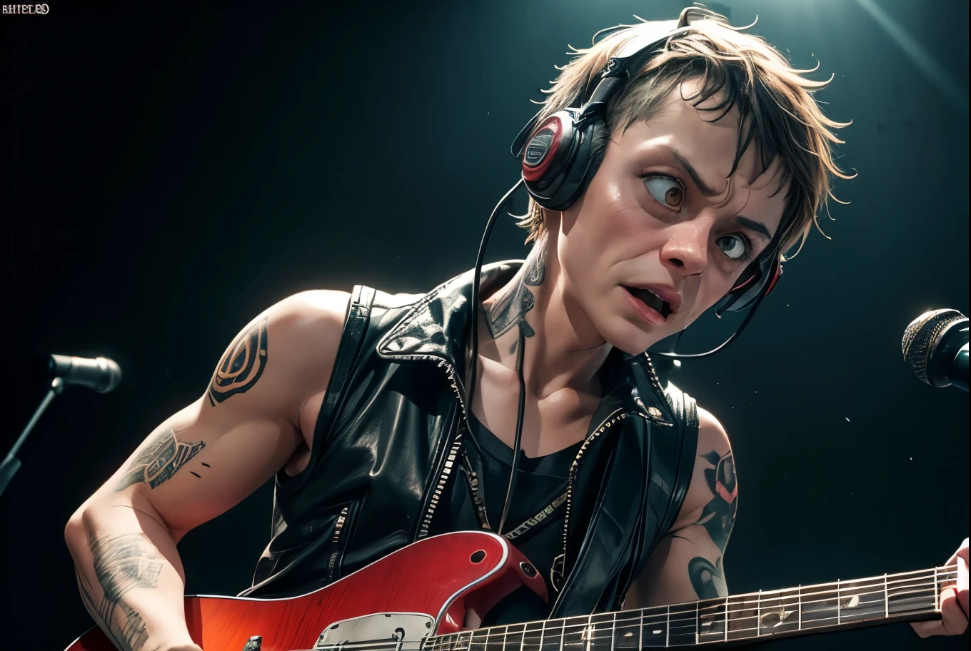 (Realisttic:1.2), analog photo style, (Gollum, playing guitar), detailed face and eyes, best quality textures, punk style, leather vest, tattoo on left shoulder, headphones, cinematic lighting, cgi, no hair, perfect anatomy, in concert, hairshakes, great dinamic photo, great quality, Masterpiece, intricate background, rock'n'roll aesthetic, 16k quality, analog photo style, RAW photo