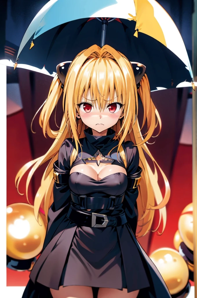 konjiki no yami,two side up, blonde hair, red eyes, small breasts, black dress,miniskirt,thigh belt,cleavage cutout,detach sleeves embarrassed, puffy cheeks, blush, frown,