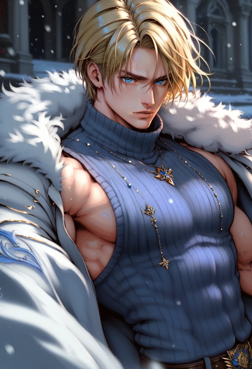 absurdities, High resolution, ultra detailed, HdR, masterpiece, realism, realist, 30 year old adult man, rasgos muy masculines, serious, Extremely detailed face and eyes, long straight hair, blond hair, rubio, bushy eyebrows, fringe, angry eyebrows, expressive blue eyes, rasgos masculines, detailed eyes, LOOKING AT THE SPECTATOR, 1 man, viking style clothing, masculine, blue clothes con abrigo de piel blanco, snowy background, White skin, viking necklace, blue clothes, white earrings, Wizard's Medallion, tidy hair, Complete plan, beefy chest, realism magico, masculine, men's clothing, vibrant colors, Fotorrealist, 8k, Best Quality, High resolution, cinematic lighting, intricate details, snow background.