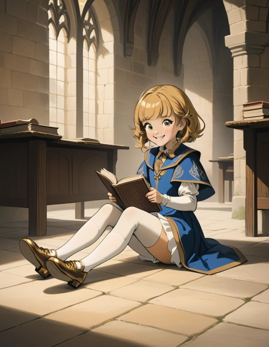 Kizi , HAIR GOLD , 12 year old , Grinning , in a medieval classroom , Brown Shoe , white stockings, puffed chest, reading a book, sitting on the floor