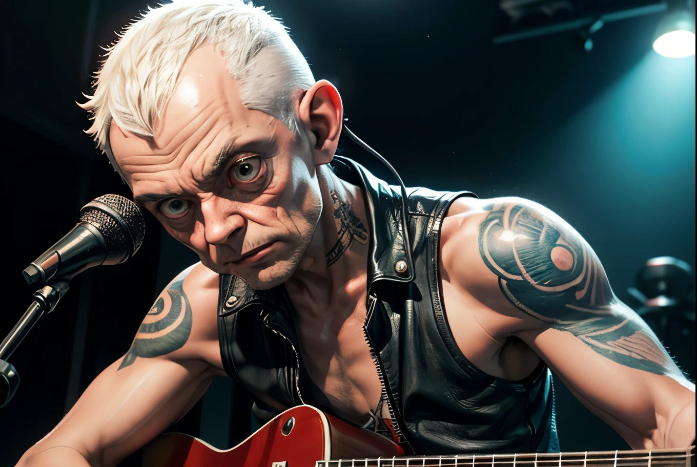 (Realisttic:1.2), analog photo style, (Gollum, playing guitar), detailed face and eyes, best quality textures, punk style, leather vest, tattoo on left shoulder, headphones, cinematic lighting, cgi, no hair, perfect anatomy, in concert, hairshakes, great dinamic photo, great quality, Masterpiece, intricate background, rock'n'roll aesthetic, 16k quality, analog photo style, RAW photo