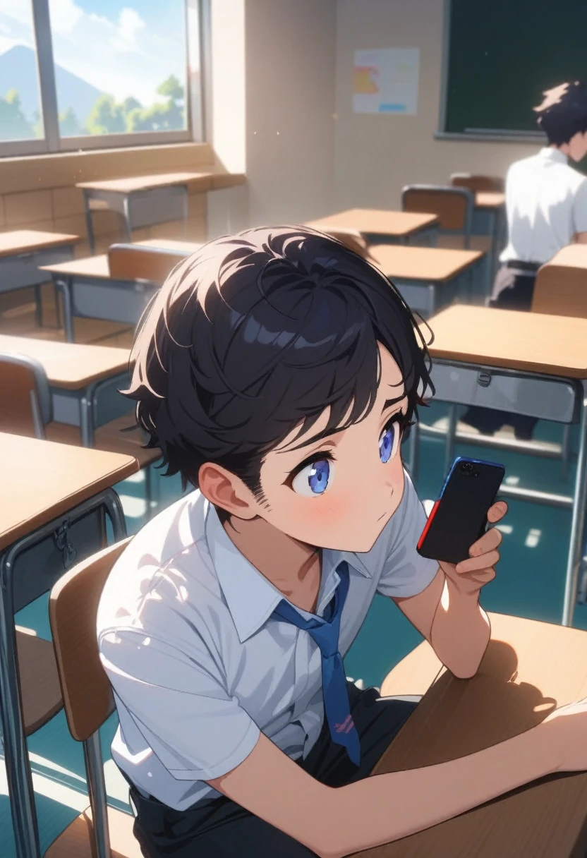 masterpiece, best quality, extremely detailed, ultra detailed, flat anime, 2D, ((1boy)),black hair, (short hair:1.5),blue eyes, height 1.7meters, (circle eyes:1.2), (young adult:1.2), Ear-length sideburns,height 1.7meters, bangs,(tareme), dircle face, kinky hair, (young adult:1.2), High School Uniforms, white shirt, blue tie, ((short sleeves)), ((long pants)), sitting, closed mouth, thinking, upper body, summer, classroom, 11AM,looking at his smart phone., Operating a smart phone,