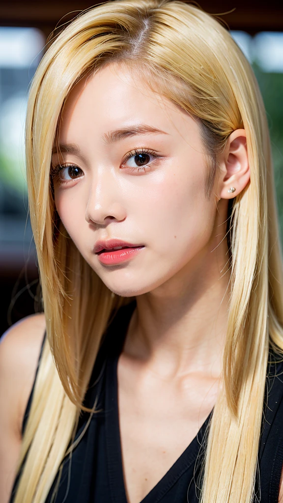 Realistic portrait of a 21 year old Asian girl with blonde skunk hair, Perfect Face, Brown eyes, cute, beautiful, Perfect jawline, Detailed characteristics, Thin Nose, Very detailed. She&#39;naturally, Friendly expressions and soft lighting, Golden hour sunlight. Let&#39;s use a beautiful outdoor scene as the background., Perhaps a sunny park or beach. This image was taken in high resolution using an 85mm lens.、Providing a fascinating perspective。.