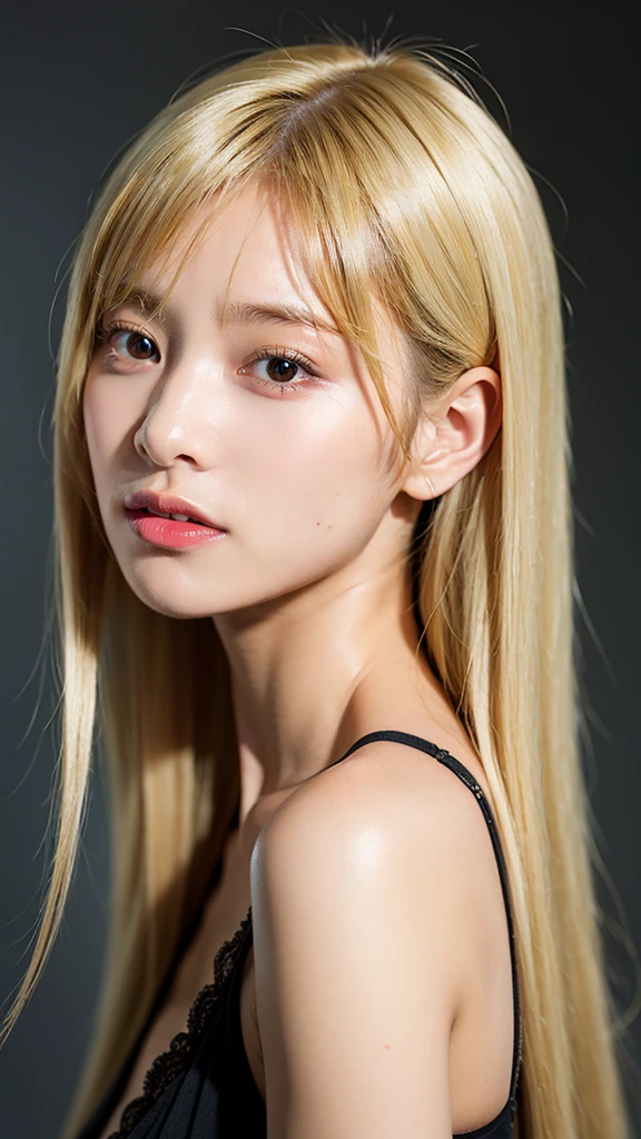 Realistic portrait of a 21 year old Asian girl with blonde skunk hair, Perfect Face, Brown eyes, cute, beautiful, Perfect jawline, Detailed characteristics, Thin Nose, Very detailed. She&#39;naturally, Friendly expressions and soft lighting, Golden hour sunlight. Let&#39;s use a beautiful outdoor scene as the background., Perhaps a sunny park or beach. This image was taken in high resolution using an 85mm lens.、Providing a fascinating perspective。.