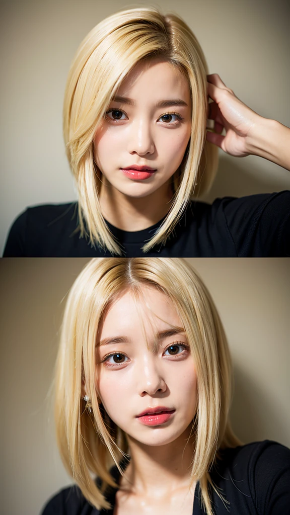 Realistic portrait of a 21 year old Asian girl with blonde skunk hair, Perfect Face, Brown eyes, cute, beautiful, Perfect jawline, Detailed characteristics, Thin Nose, Very detailed. She&#39;naturally, Friendly expressions and soft lighting, Golden hour sunlight. Let&#39;s use a beautiful outdoor scene as the background., Perhaps a sunny park or beach. This image was taken in high resolution using an 85mm lens.、Providing a fascinating perspective。.
