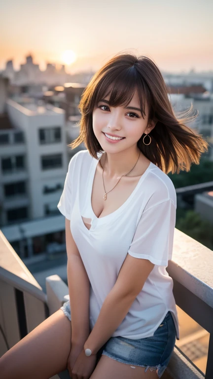a beautiful girl, fair skin, ((short dark brown tiered hair)), v-neck with layers and bangs, brown eyes, soft features (best quality, ultra high resolution, 8k, RAW photo, ultra high resolution: 1.2, masterpiece: 1.3), (realistic, realism: 1.37), highly detailed, professional lighting, photon mapping, radiosity, physically based rendering, single girl, (high school girl), sharp focus: 1.2, beautiful woman: 1.4, cute, nice, lovely smile, normal chest, cross necklace, earrings, rings, (cleavage), ((short dark brown hair)), (cute smile with teeth showing) wearing a loose white t-shirt and denim shorts, leaning against the railing of a rooftop overlooking a city skyline at sunset, warm golden light, gentle breeze blowing her hair, a sense of wistfulness in her eyes