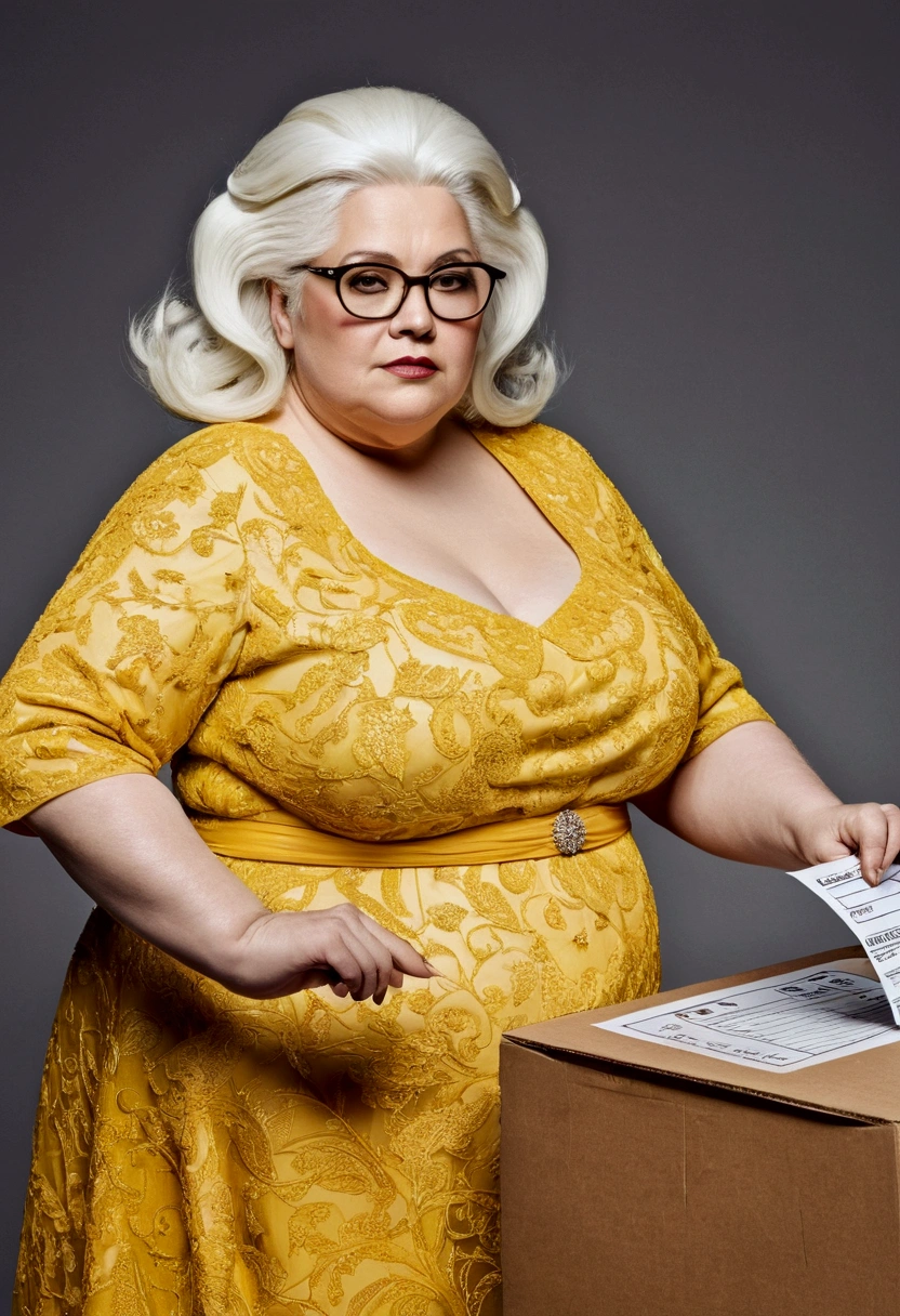 Fat lady with white hair and glasses in a yellow dress and votes