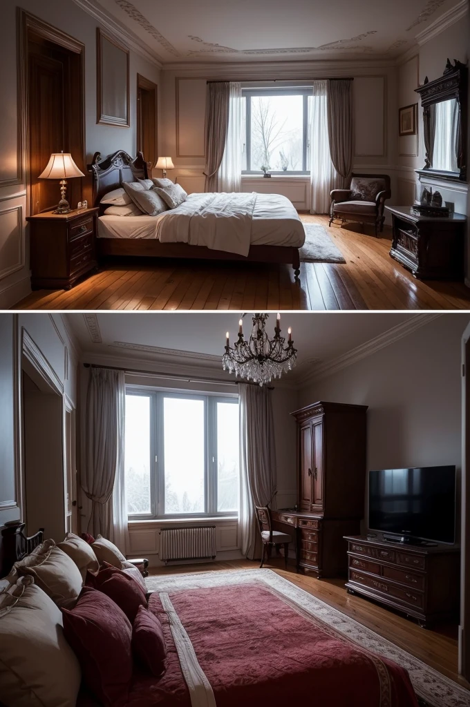 A bedroom of a mansion with a snowstorm outside. It's evening and there are candles and a TV in the room. Comfy but scary vibes.