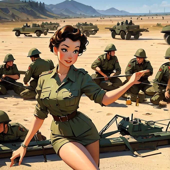 Pinup in short clothes surrounded by soldiers in the 2nd. World War not Mort Künstler style. Oil illustration.