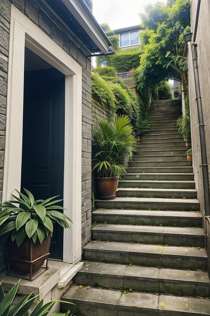 no_humans, scenery, plant, stairs, outdoors, window, building, tree, potted_plant, sky, stone_stairs