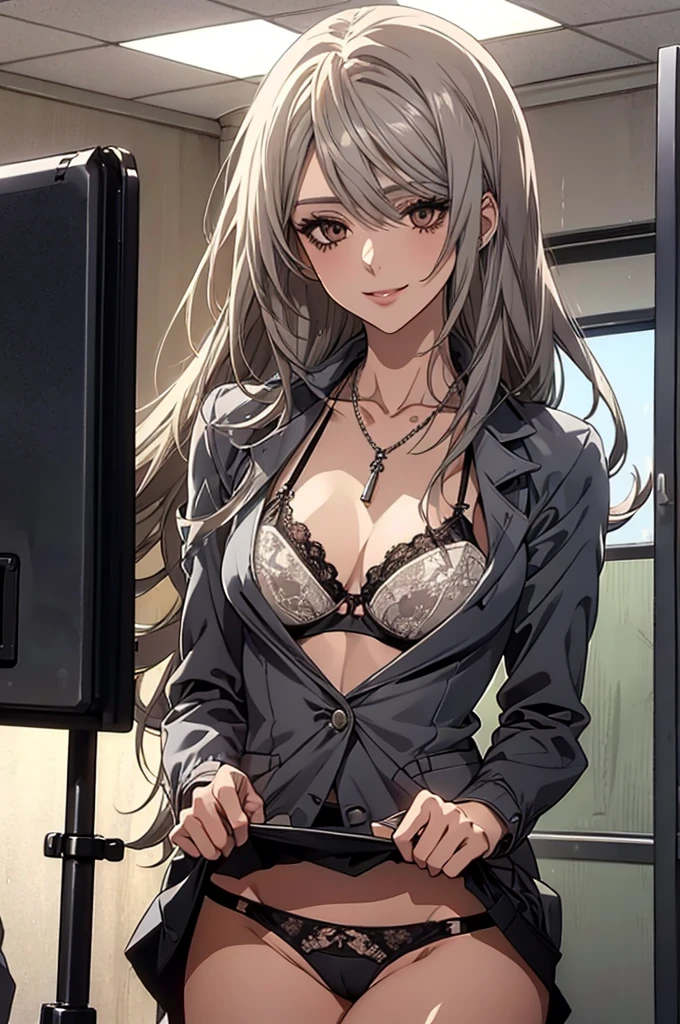 (Highest quality, High resolution, Very detailed), Silver Hair, Long Hair, Reddish brown eyes, office staff suit skirt, lace thong bra, Large Breasts, Perfect Makeup, necklace, secretary, 24th generation, Beautiful woman, mature, quiet, Calm, A small smile, office,