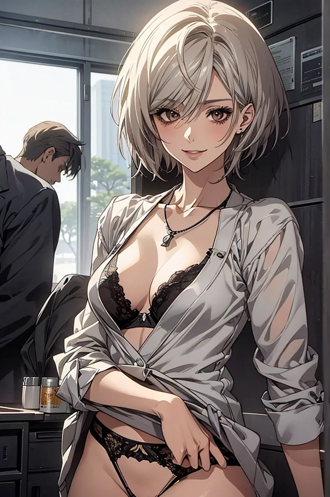 (Highest quality, High resolution, Very detailed), Silver Hair, Super short hair, Reddish brown eyes, office staff suit skirt, lace thong bra, Large Breasts, Perfect Makeup, necklace, secretary, 24th generation, Beautiful woman, mature, quiet, Calm, A small smile, office,