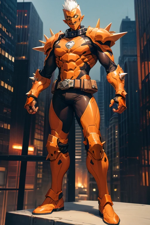 ((best quality)), ((masterpiece)), (detailed), 1 man, full body, 54 years old, senior citizen, masked, eye mask, orange mask that covers half of his face, spiked mask, evil smile, metal goblin ears, gremlin, yellow cat eyes, white hair sticking out of the top, mohawk, brown collar, tall, very thin, hunched over, long metal claws, spikes on his forearms, brown details, brown fingerless gloves, orange wristbands, orange nanotech suit, light armor, orange chest with an emblem, high shoulder pads, orange suit with brown stripes, brown tiger stripes, triangle emblem on his chest, orange emblem, orange pants, orange knee pads, metallic orange boots, metallic orange shoes, brown superhero belt, standing on a building, city background, anime