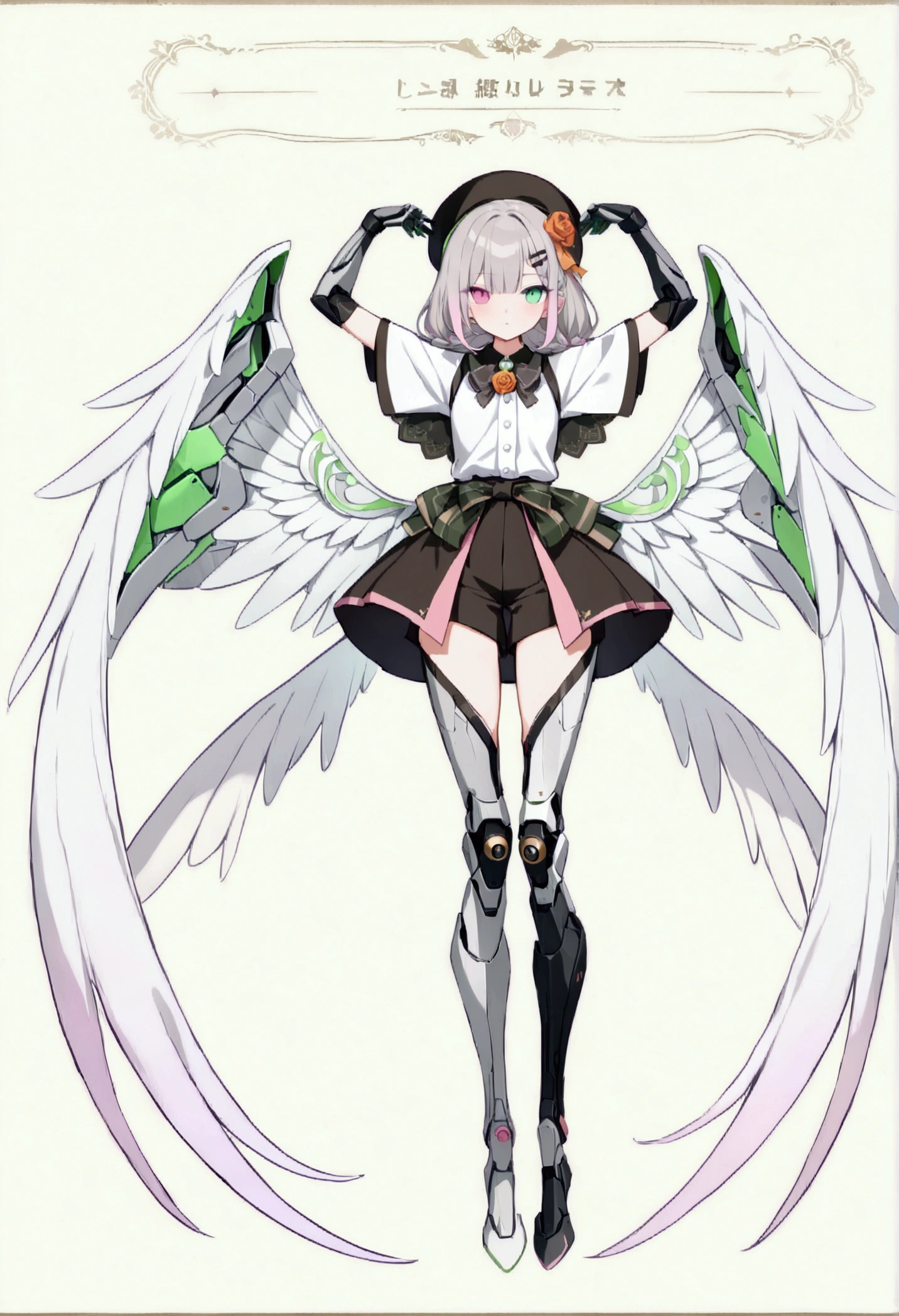 woman 165cm tall, (whole body: 1.5), slim build, , charming look, ((heterocromia: ojo right naranja y ojo izquierdo violeta)), (Shoulder Length Wavy Gray Hair, short braid on the left side of the hair: 1.2, big open bangs, largo flequillo  en el lado izquierdo y right del cabello sobre las mejillas , golden gear hairpin on the left side of the hair), (((complex mechanical legs up to the hip, The legs are black with gray parts and small pink details))), (((complex mechanical arms up to the elbows, The arms are black with gray parts and small pink details))), ((complex white mechanical angel wings with pastel green parts)), (elegant black French beret, orange rose ribbon on the beret: 1.2), (stylish white short sleeve button down shirt, dark brown shorts with straps from the waist, elegant black belt, small rose brooch on shirt collar, beautiful mechanical stilettos), (((full body character design sheet: vista 3/4))), ((Pastel yellow background)), extremely detailed hair, beautiful detailed clothing, extremely detailed arms, extremely detailed face, (Extremely detailed hands), perfect hands, beautiful detailed eyes, beautiful detailed lips, adorable, extremely detailed legs, (Best Quality, 8k, ultra resolution), ultra detailed, Exquisite and epic character art, (Focus on symmetry), (extremely detailed wings), (body position: standing, right, symmetrical), looking at the viewer, small face.