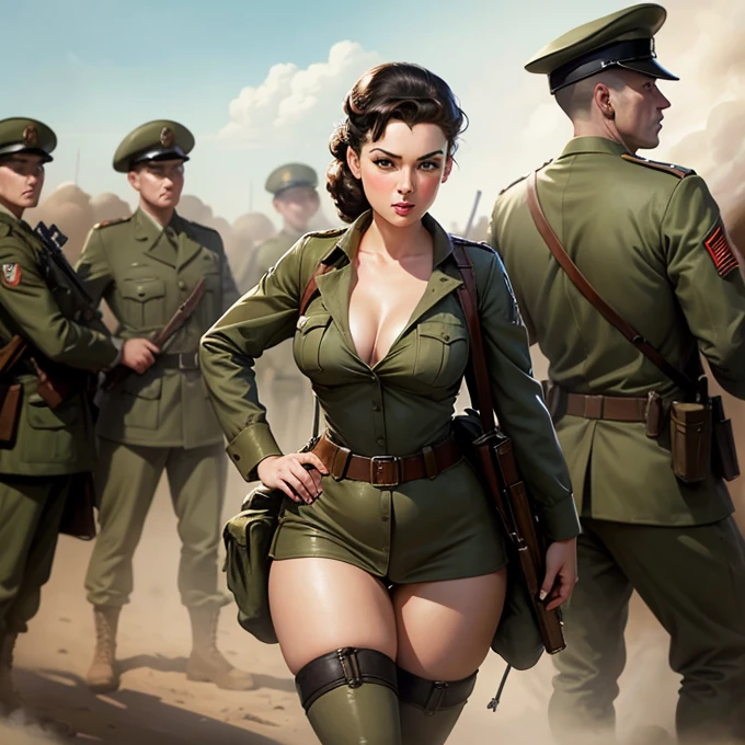Pinup in short clothes surrounded by soldiers in the 2nd. World War not Mort Künstler style. Oil illustration.