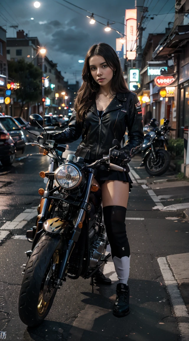 -yeld Wa  posando na frente de uma motocicleta futurista, the motorcycle has skulls and blue flames highly detailed 3D graphics, night scenery with full moon in the background, she is wearing a tight   Uniform with 3D skulls and flames and Sailor Miniskirt, Pantyhose, HDR, epic realism, high-octane rendering, obra de arte,