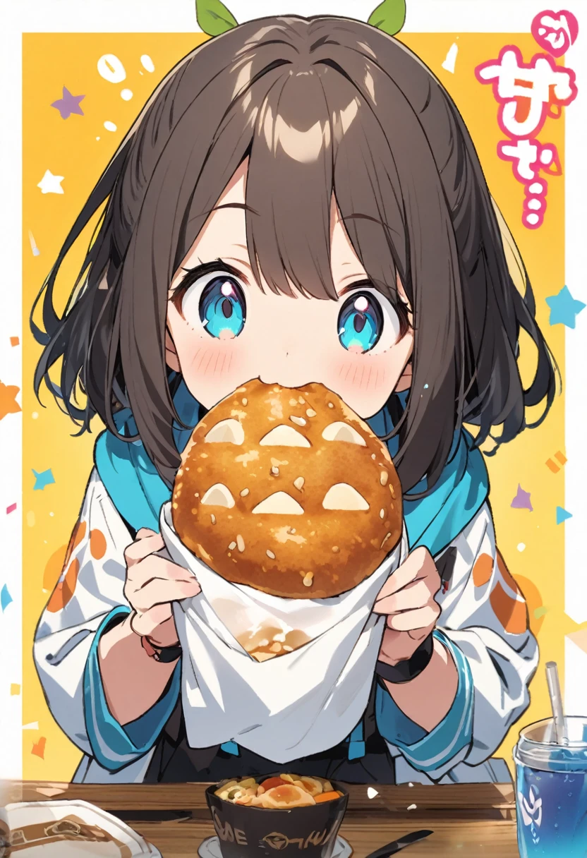 fast eating、stuff one&#39;s mouth full of food、Girl with pink hair、blue eyes、Twin Drill