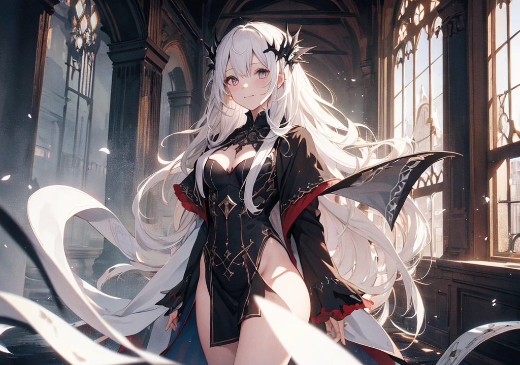 Realistic photos, Focus distance 10mm, Red and white, A big smile, Beautiful girl, Realistic photos, Focus distance 10mmで撮影, masterpiece, 最high quality, high quality, Very detailed CG 8k wallpaper unit, Award-winning photography, Depth of written boundary, High resolution, bloom, chromatic aberration, Realistic, Very detailed, Art Station Trends, CGsociety Trends, Complex, High detail, dramatic, Art on the go, volumetric lighting, Dark Sorceress in Haunted Magic School: "A beautiful sorceress with flowing white hair, wearing a dark, tattered robe, standing in the eerie, shadowy library of a haunted magic school, with floating, ghostly books and glowing, sinister runes."