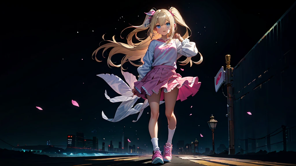 beautiful, (masterpiece:1.2), (best quality:1.2), Beautiful -yeld wh girl with blue eyes, long swept-back straight blond hair, Happy hands behind body (hiding dingers and hands), Pink and white frilly miniskirt, pink shirt, pink socks, white sneakers, California City background, daylight.