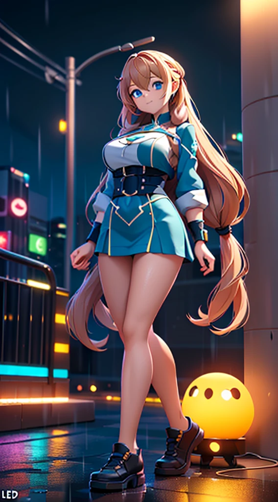 (Dynamic Angle:1.4), ((Full body posing:1.5), (Colorful:1.2), (Highly detailed CG Unity 16K wallpaper:1.1), (Denoising strength: 1.45), (tmasterpiece:1.37), ((Official art)), of the highest quality, (Realistic), Green Cyber Girl, 2 head body,Deformed Character,cute expression, (Super long hair:1.6),voluminous hair,Hair in motion,Golden hair,Glowing eyes,(blue eyess:1.2), wires, (LED:1.3), (a hologram:1.2), futuristic city street, Neon light, Skyscrapers, (Night:1.2), (Rain:1.2), (Rainbow Model:1.2), 8K resolution, (Anime style:1.3), Cinematic lighting, chromatic abberation, spark of light, Ray tracing, blending, ultra wide-angle, Hasselblad, (masutepiece), (masutepiece), ((Best Quality)), ((masutepiece)), nffsw. Vestido de colores y el color de cabello de colores.