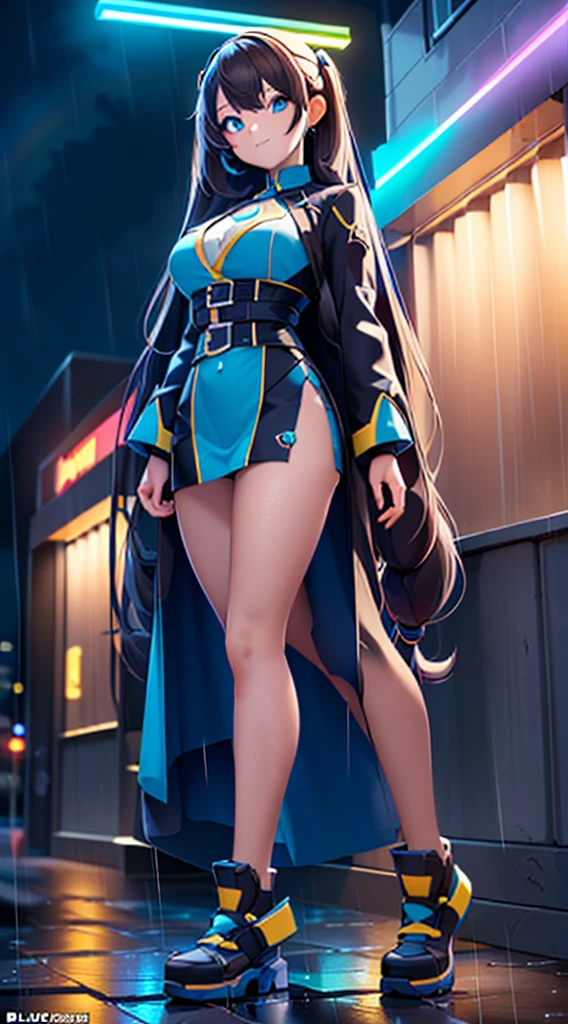 (Dynamic Angle:1.4), ((Full body posing:1.5), (Colorful:1.2), (Highly detailed CG Unity 16K wallpaper:1.1), (Denoising strength: 1.45), (tmasterpiece:1.37), ((Official art)), of the highest quality, (Realistic), Green Cyber Girl, 2 head body,Deformed Character,cute expression, (Super long hair:1.6),voluminous hair,Hair in motion,Golden hair,Glowing eyes,(blue eyess:1.2), wires, (LED:1.3), (a hologram:1.2), futuristic city street, Neon light, Skyscrapers, (Night:1.2), (Rain:1.2), (Rainbow Model:1.2), 8K resolution, (Anime style:1.3), Cinematic lighting, chromatic abberation, spark of light, Ray tracing, blending, ultra wide-angle, Hasselblad, (masutepiece), (masutepiece), ((Best Quality)), ((masutepiece)), nffsw. Vestido de colores y el color de cabello de colores.