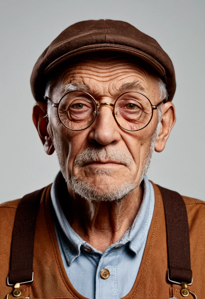 Embittered old man in a brown cap with round glasses and brown overalls