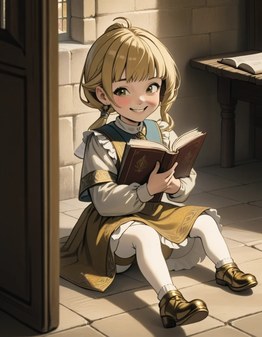 Kizi , HAIR GOLD , 12 year old , Grinning , in a medieval classroom , Brown Shoe , white stockings, puffed chest, reading a book, sitting on the floor