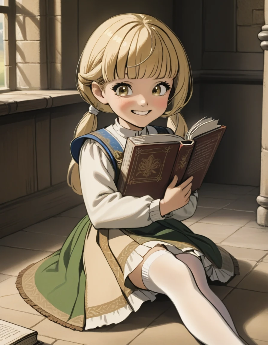 Kizi , HAIR GOLD , 12 year old , Grinning , in a medieval classroom , Brown Shoe , white stockings, puffed chest, reading a book, sitting on the floor