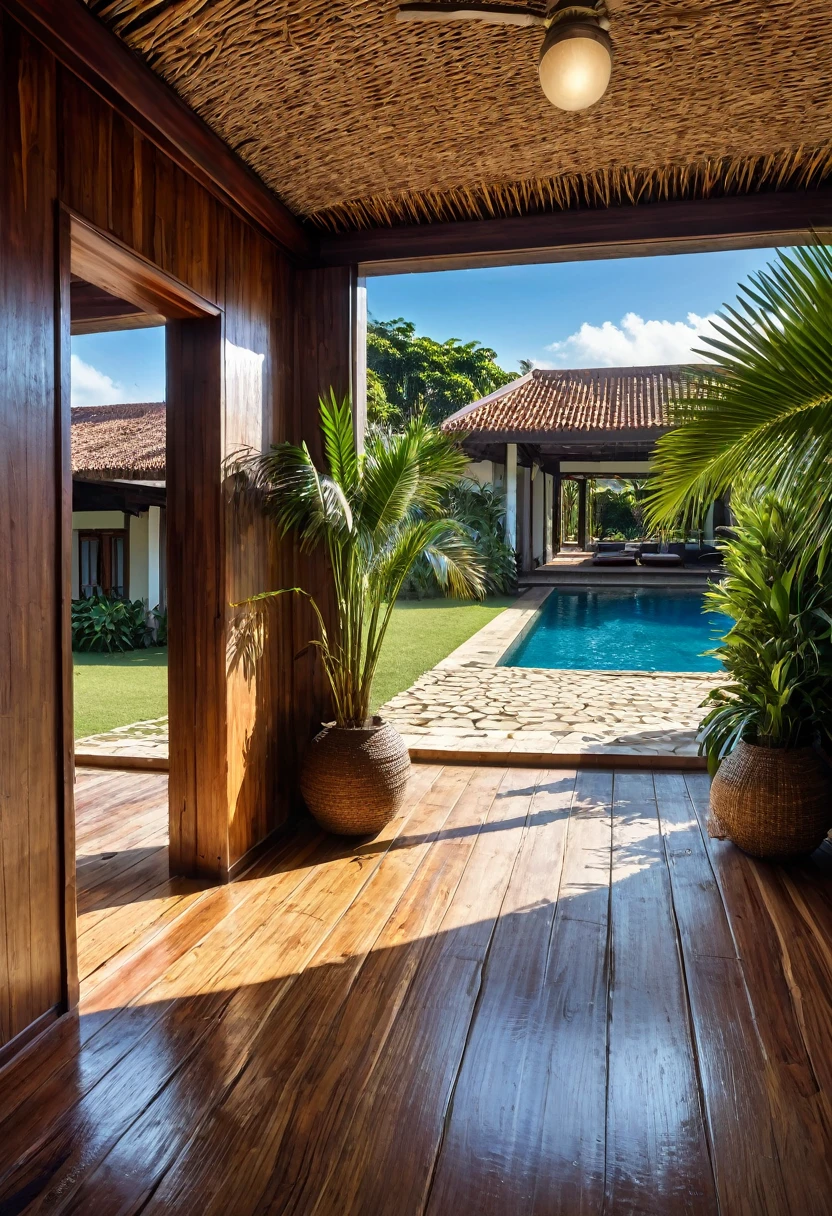 RAW photo, taken with Canon EOS 6D Mark II, wide-angle lens, 35mm lens, HDR, real image, ultra high res.photorealistic::1.5, normal angle, 2,000K temperature, sun angle 60º degrees. Interior architecture in Brazilian tropical style. Internal corridor covered in Tamarind wood, with retractable glass roof. The floor is rustic Moledo Laguna Branca. This hallway overlooks the garden, with well-trimmed grass, lots of palm trees around, open sky, a large square swimming pool, light brown sun loungers, brise soleil wooden sliding door, sea breeze, sand, Outdoor pool, Swimming pool