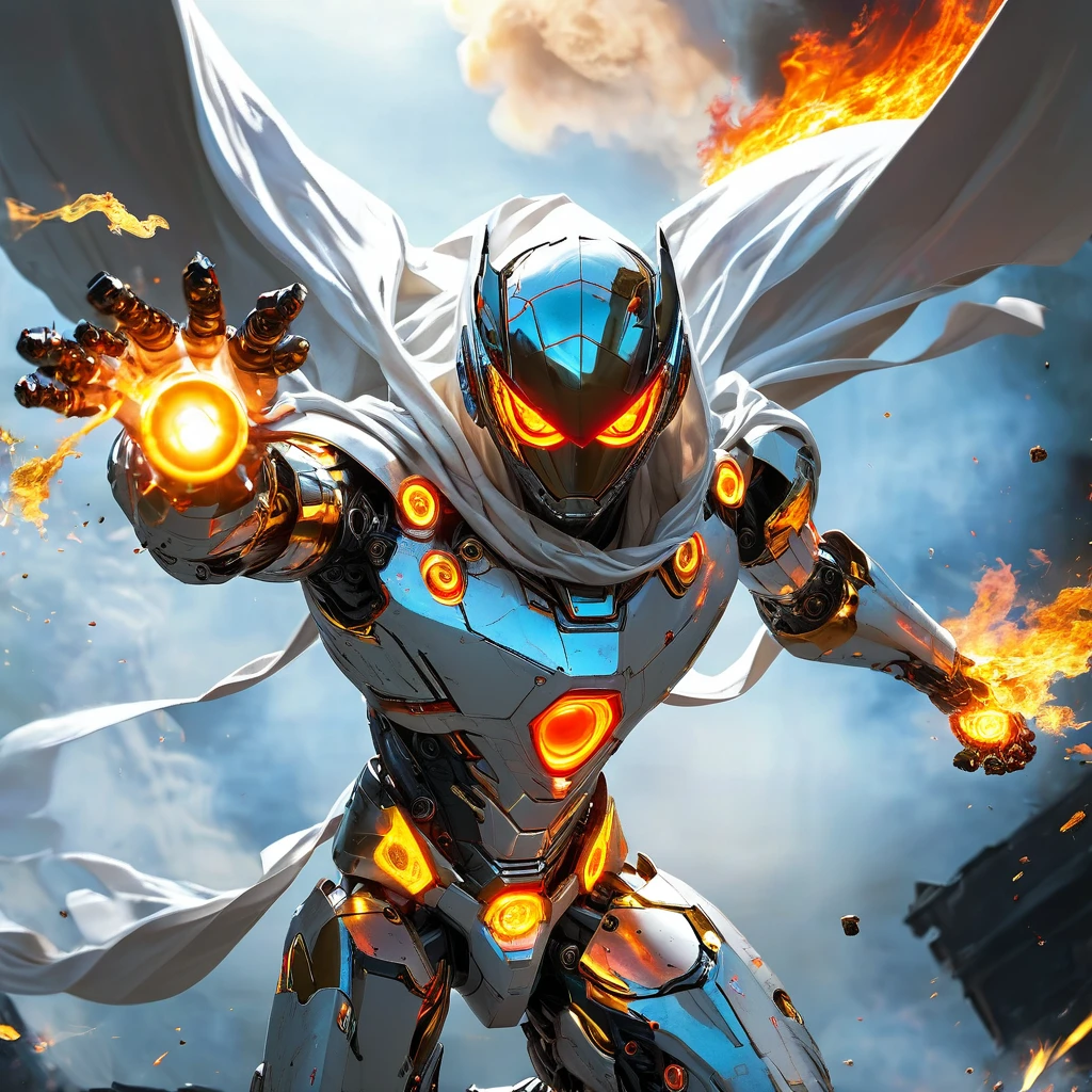 A super hero robot god, fire Eyes, comes flying, hooded