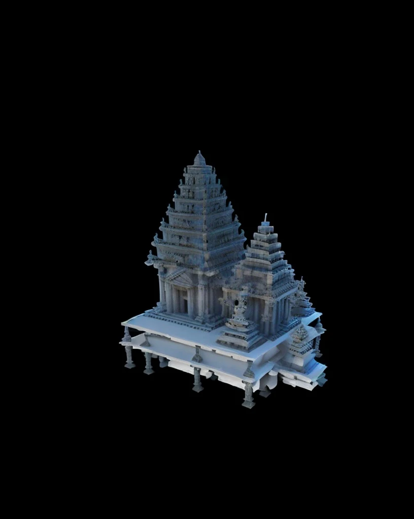 there is a 3d image of a building made of legos, temple, large temples, temple background, ancient temple, submerged temple scene, monolithic temple, a temple, hindu kovil scene, isometric view from behind, cybertronic hindu temple, water temple, rendered 3d model, indian temple, complex 3 d render, complex 3d render