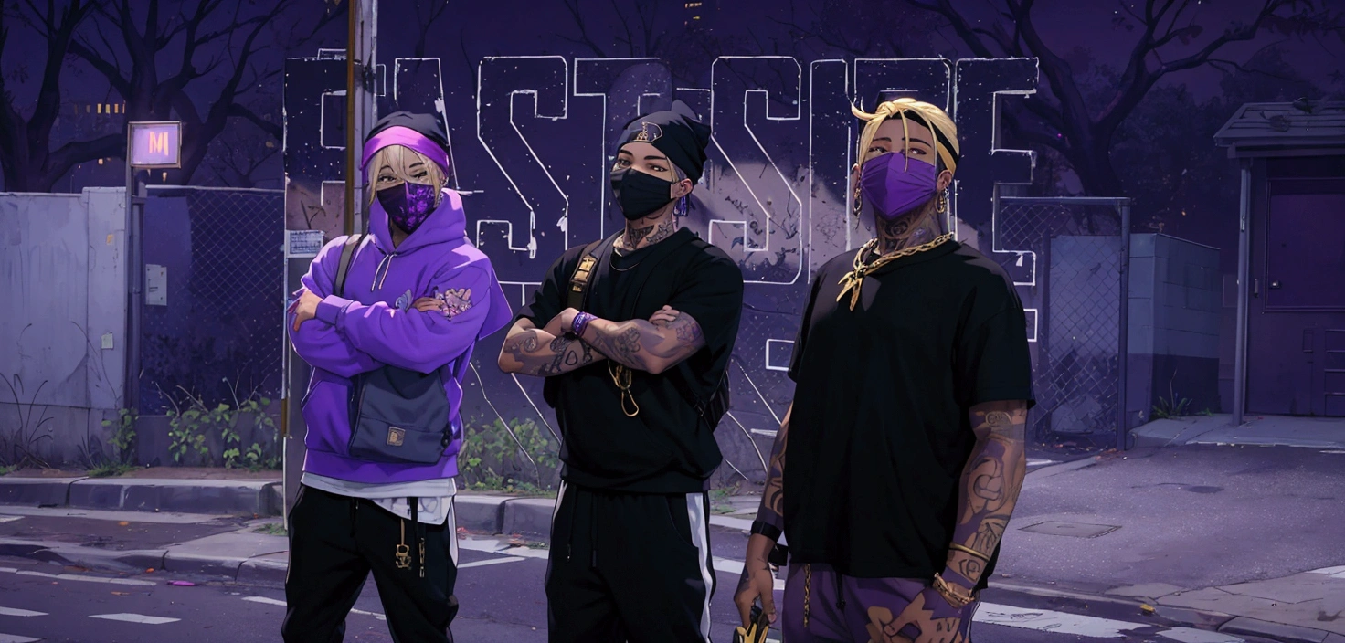 Three individuals stand confidently in a dimly lit urban setting, each wearing purple bandanas. The person on the left is dressed in a purple hoodie and baggy pants, sporting a backpack. The central figure wears a black shirt and is tattooed, with a purple bandana over their face, arms crossed. The individual on the right has blonde hair, a black shirt, and a large gold chain, also adorned with a purple bandana. The background suggests a neighborhood vibe, with faint graffiti visible, while large text reading EAST SIDE overlays the image.