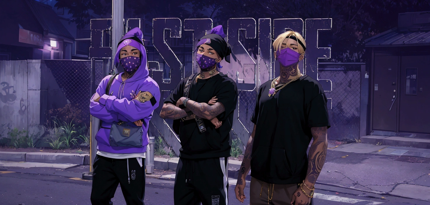 Three individuals stand confidently in a dimly lit urban setting, each wearing purple bandanas. The person on the left is dressed in a purple hoodie and baggy pants, sporting a backpack. The central figure wears a black shirt and is tattooed, with a purple bandana over their face, arms crossed. The individual on the right has blonde hair, a black shirt, and a large gold chain, also adorned with a purple bandana. The background suggests a neighborhood vibe, with faint graffiti visible, while large text reading EAST SIDE overlays the image.