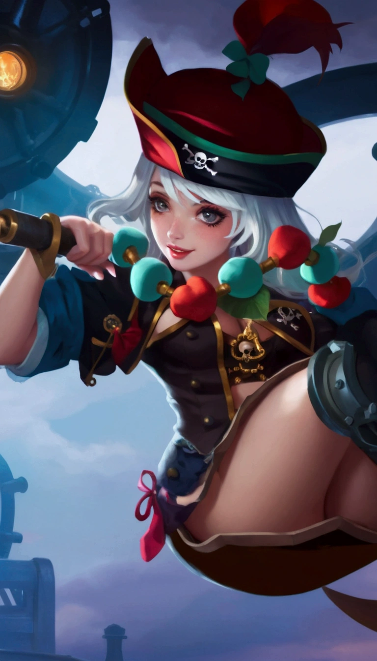 The original, close up, Steampunk, ((Gear giant ship background, Precision gear deck)), Full body portrait, Very detailed wallpaper, Very detailed illustrations, (1 girl), Perfect female body, Beautiful Eye, (Delicate face), (Expression), Eye, Shock, ((pirate Hat, pirate Suit, Open your clothes to expose your belly button)), ((pirate, Classical Complex and Luxurious pirate Ship)), (red lips), (bare legs, barefoot, barefoot, On deck, Sitting on a mechanical chest, barefoot, Delicate barefoot) , (Sophisticated black gloves), (White skin), (Optimal lighting), (Super intricate details), 4k unity, (Ultra-detailed CG), Girl with white hair showing white legs, High ponytail hairstyle, ((((good exercise))), Succubus tattoo on lower abdomen, Tight and low waist, shorts, Pantyhose, Full body image, Happy laughter, shy, Expression, There is a heart in the eye, (Eye details), Sexy long legs, Thin waist, Sweat dripping down my waist, Showing belly, Extremely detailed depiction, Pink Hair, Asymmetrical bangs, See-through clothing, Hands on thighs, look away, 8k resolution, Raise an eyebrow, shiny hair, Flower head, Wristbands, bandage