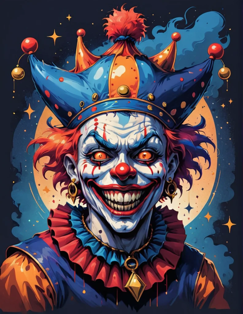 Wild clown figure, maniacal grin, multicolored jester hat, bright red skin, blue wild hair, oversized gold earring, dark starry background, exaggerated facial, orange ruffled collar, clown theme, detailed textures, dripping details, bold line art, dynamic expression