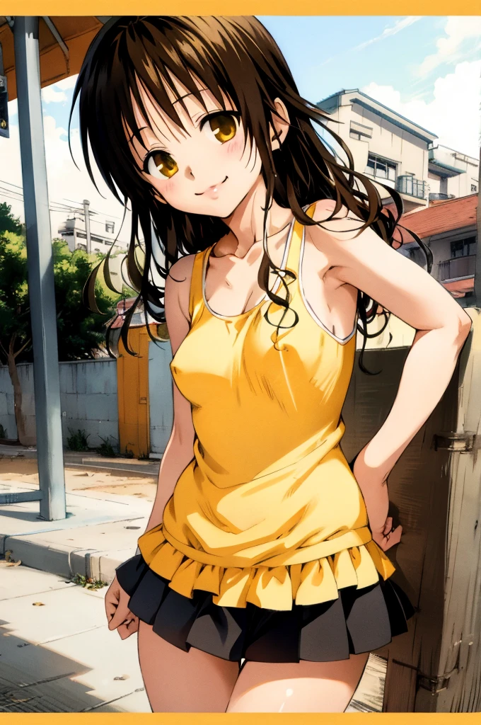 yuuki mikan,yellow tank top, miniskirt, smile,, ),1girl,standing,medium breasts,cowboy shot,outdoor