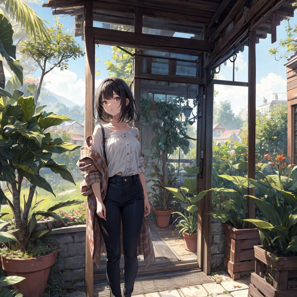 4K, Charismatic, Very detailed, There is a girl in the garden house, Soft Theme, pants, Age 25, whole body