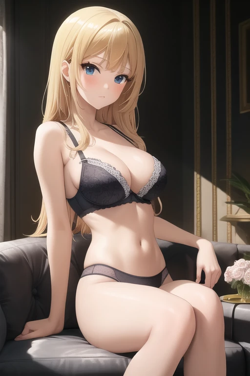 create an anime girl sitting cross-legged in pink and black underwear in a luxurious room 25 years old in a luxurious apartment