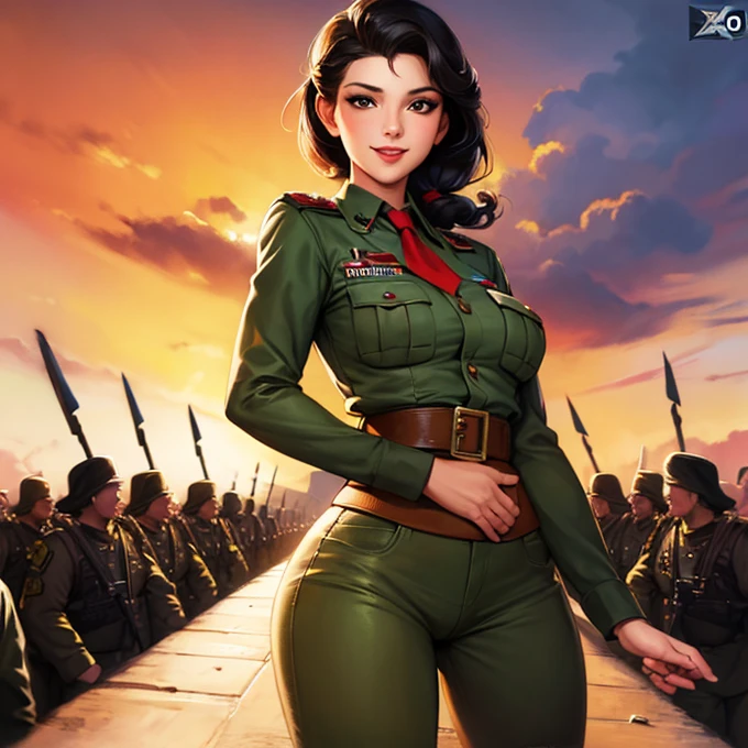 Pinup in short clothes, sticking her ass up and smiling mischievously,  surrounded by soldiers na 2a. World War not Mort Künstler style. Oil illustration.