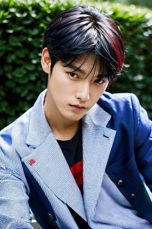 The handsome man with a face like Lee Min Ho has white and blue emo hair, wearing a black blazer with red stripes, and is stylishly posing like a model.