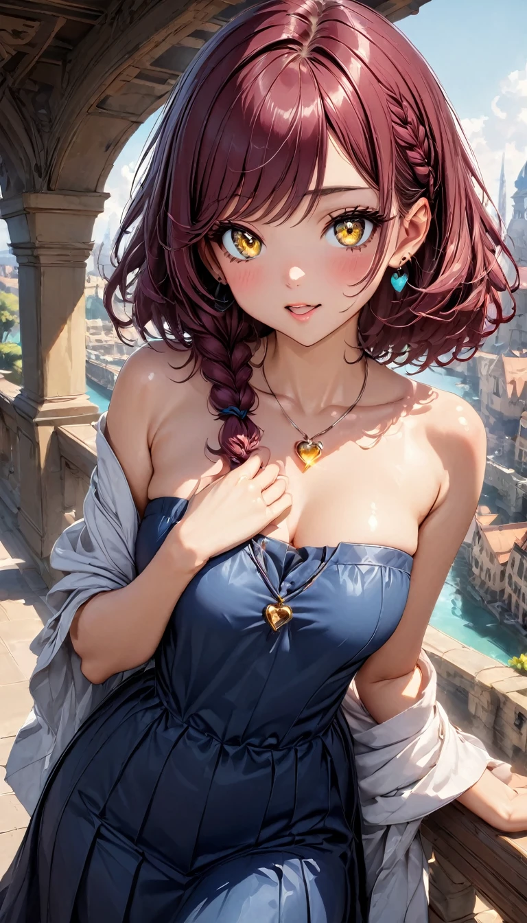 (highest quality:1.4), Very detailed, 8K, Vibrant, Best aesthetics, Accurate, (masterpiece:1.4), BREAK (Cowboy Shot:1.4), 1 beautiful girl, 18yo, small face, beautiful detailed face, narrow waist, The beauty and danger of growing from a girl to an adult, A symbol of miraculous beauty, Graceful posture, sensual, bewitching woman, (cleavage:0.8), (burgundy hair, shiny hair, side braid:1.5), Swept bangs, BREAK (Deep Blue Dress, off shoulder, Strapless dress, Sleeveless:1.4), (tiny earrings made of aqua blue sapphire:1.2), BREAK A fantasy world cityscape, sunny afternoon, A city resembling Venice with canals, (Leaning against the railing of a bridge over a large river), Bright lighting, Beautiful world, Blown by the gentle wind, Soft sunlight that induces afternoon drowsiness, looking side glance, (left hand on own chest, five fingers:1.2), (vivid yellow eyes:1.4), (slit pupils, slant eyes, glass-like sparkling eyes are blurry and dreamy, beautiful detailed eyes, sparkling eyes, long delicate eyelashes, Meticulous Eyelash Details), (1 tiny golden heart-shaped ring pendant:1.5), BREAK (hot gaze, heart-shaped lips, beautiful detailed lips, Glossy, Open Mouth, Leaking sigh), seductive smile,