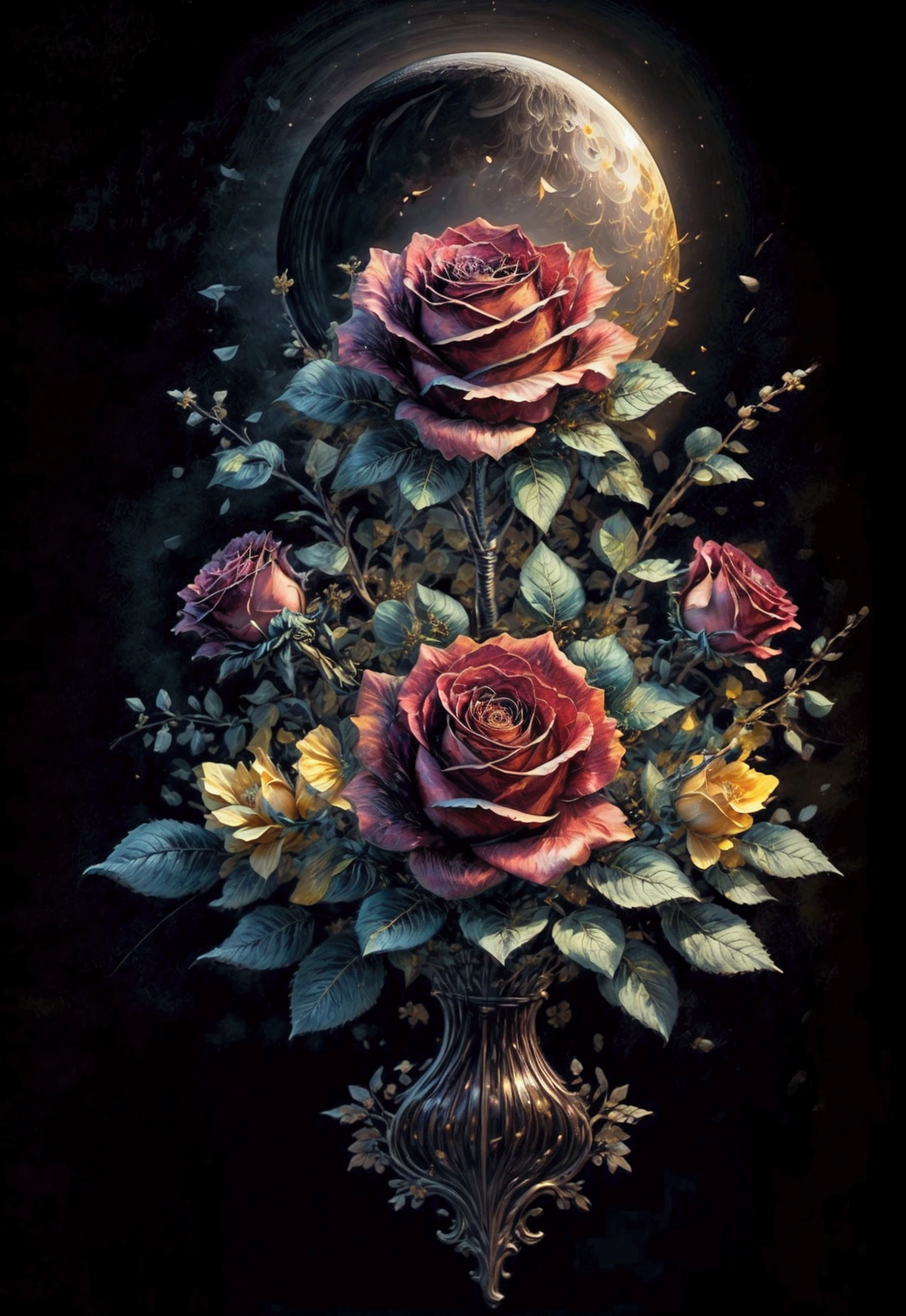 a beautiful black and gold roses flowers, intricate petal textures, vibrant colors, detailed floral arrangements, cinematic composition, moon, photorealistic, 8k, ultra-detailed, masterpiece, dramatic lighting, chiaroscuro, moody, cinematic, award winning, national geographic