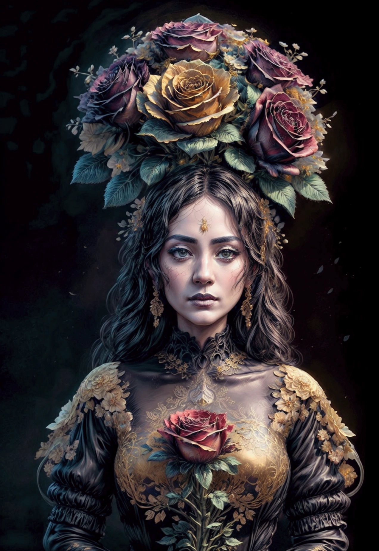 a beautiful black and gold roses flowers, intricate petal textures, vibrant colors, detailed floral arrangements, cinematic composition, moon, photorealistic, 8k, ultra-detailed, masterpiece, dramatic lighting, chiaroscuro, moody, cinematic, award winning, national geographic