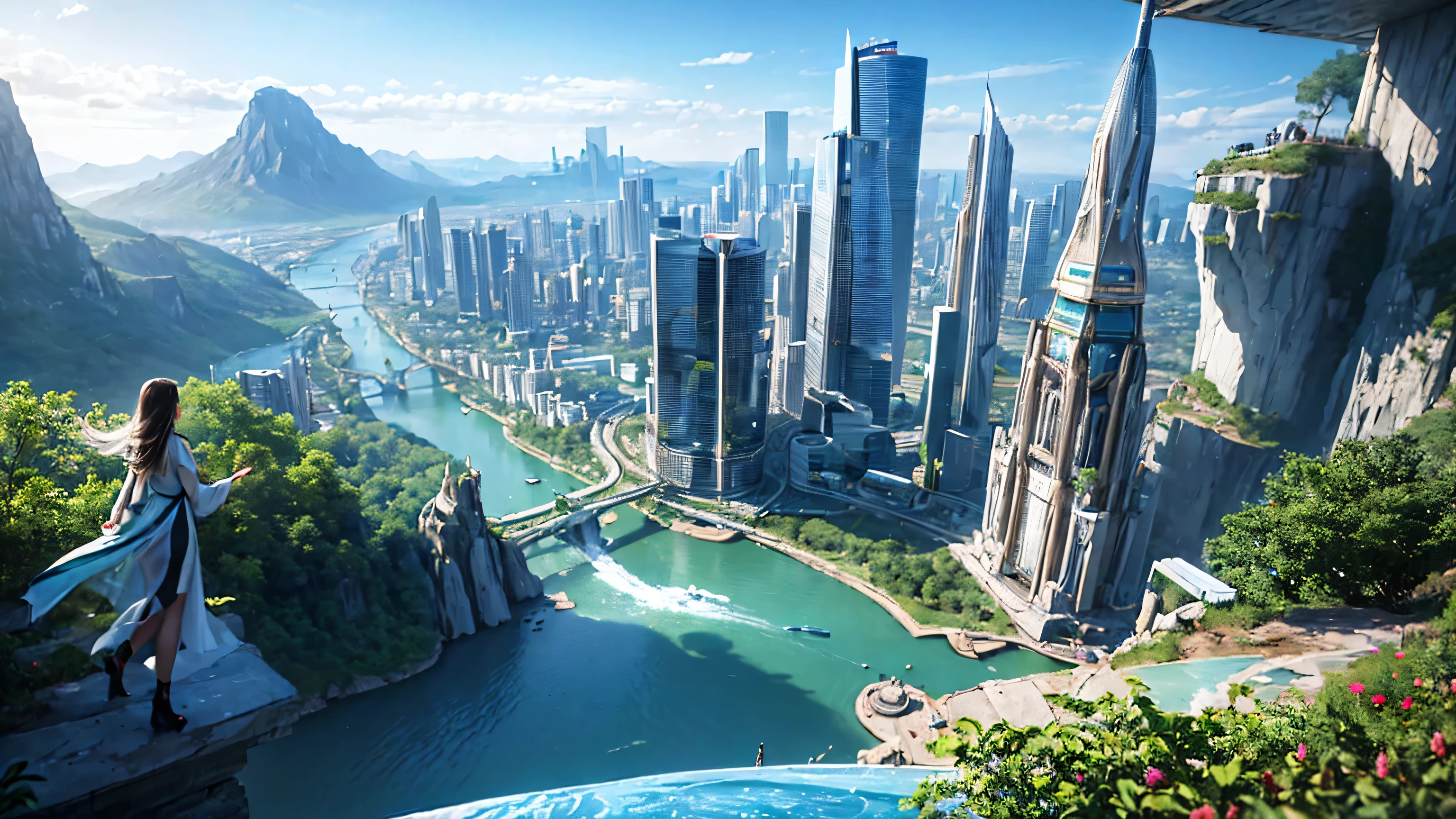 (best qualityer,4K,8k,A high resolution,work of art:1.2),ultra detali,(realisitic,fotorrealisitic,fotorrealisitic:1.37),Futuristic Floating City,futuristic technology,Huge urban platform of high-tech tablets,airship,Floating in the sky,futuristc city,Small aircraft around,High-tech hemispherical platform,colored lights,Advanced Architecture,modern architecture,skyscraper,Access the cloud,scenic beauty,view over the city,Impressive design,Blend perfectly with nature,Energetic and vibrant atmosphere,futuristic transportation system,Parking is suspended,Transparent path,lush vegetation,celestial gardens,cascading waterfalls,Magnificent horizon,Reflections on water,Sparkling river,Architectural Innovation,skyscrapers futuristas,Transparent Dome,The shape of the building is unusual,Elevated walkway,impressive skyline,glittering lights,futuristic technology,minimalist design,Picturesque locations,panoramic view,Cloud Piercing Tower,swirly vibrant colors,Epic sunrise,Epic sunset,Dazzling light display,magical atmosphere,The future city,Urban utopia,LuxuryLifestyle,Innovative energy,sustainable development,smart city technology,Advanced infrastructure,atmosfera tranquila,Nature and technology coexist in harmony,Amazing cityscape,Unprecedented urban planning,Architecture connects perfectly with nature,high-tech metropolis,A marvel of cutting-edge engineering,The future of urban life,Visionary architectural concept,Energy efficient buildings,Harmony with the environment,A city floating above the clouds,Utopian dreams come true,The possibilities are endless,State-of-the-art transport network,green energy integration,Innovative materials,Stunning holographic display,Advanced communication system,Breathtaking aerial view,calm and peaceful environment,Modernist Aesthetics,ethereal beauty