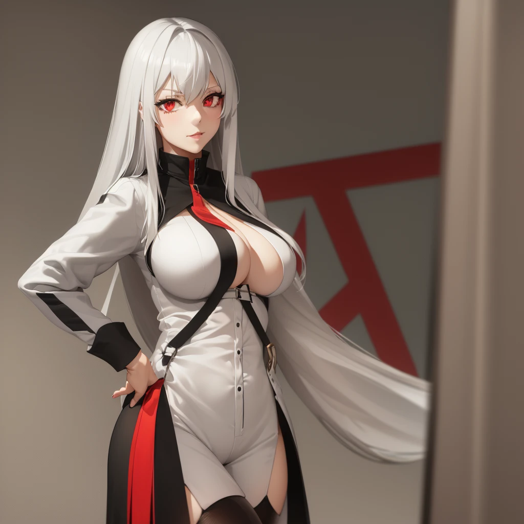 A girl with white hair and red eyes with a sexy weight holding a sign to fuck